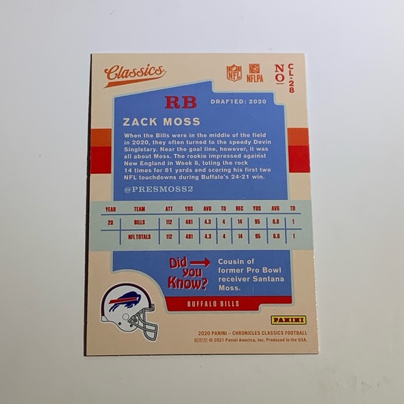 🏈 [5/$10] 2020 PANINI CHRONICLES CLASSICS #CL-28 ZACK MOSS NFL TRADING CARD 🏈 - Picture 2 of 2